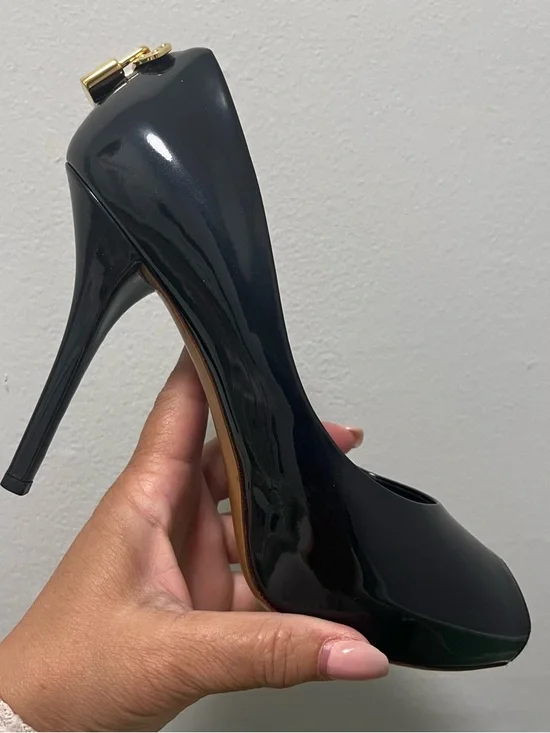 Louis Vuitton Navy Blue Patent Leather Peep Toe Stiletto Heels - Picture 4 of 6